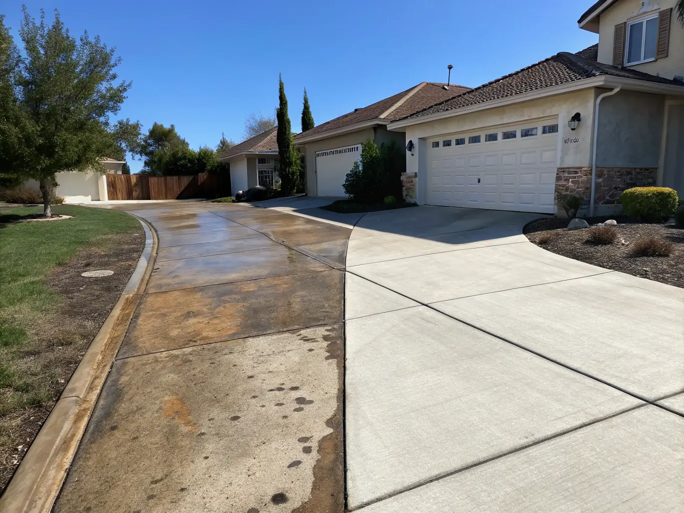 A before-and-after image of a driveway transformation showing a clean, stain-free surface, demonstrating the impact of Veteran Power Washing's concrete wash service.