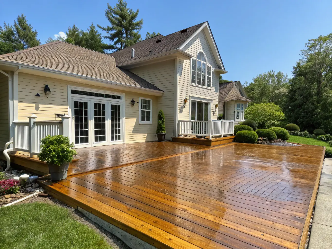 A clean, freshly washed residential house with vibrant colors and a pristine appearance, showcasing the effectiveness of Veteran Power Washing's house wash service.